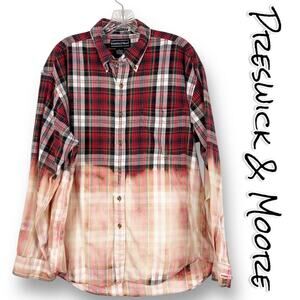 Preswick & Moore Dip Dye Bleach Red Plaid Shirt 100% Cotton Flannel Mens Size L